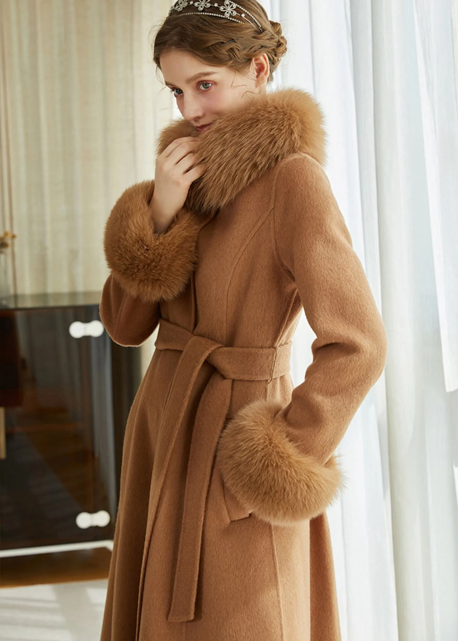 Double Face Alpaca Wool Fox Fur Collar Belted Long Coat