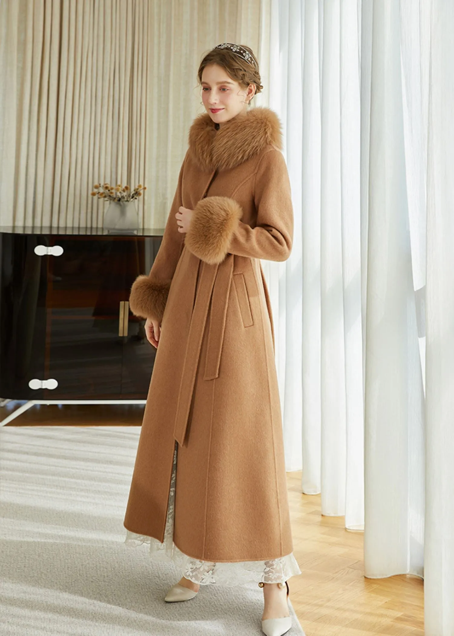 Double Face Alpaca Wool Fox Fur Collar Belted Long Coat