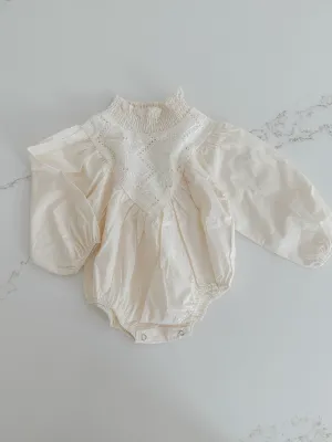 Embroidered Cotton Romper - Light Oat