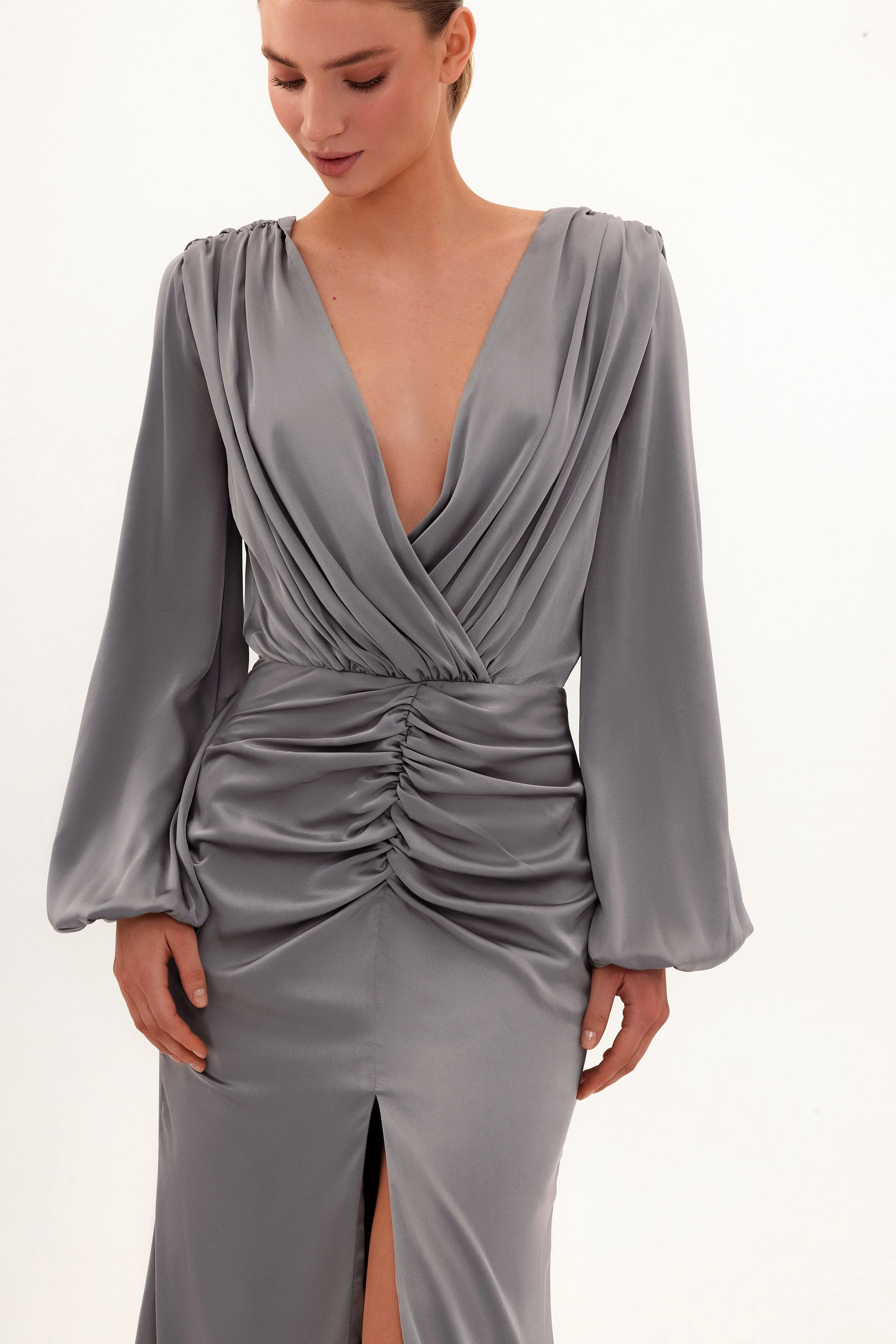 Fancy silver silk maxi evening dress