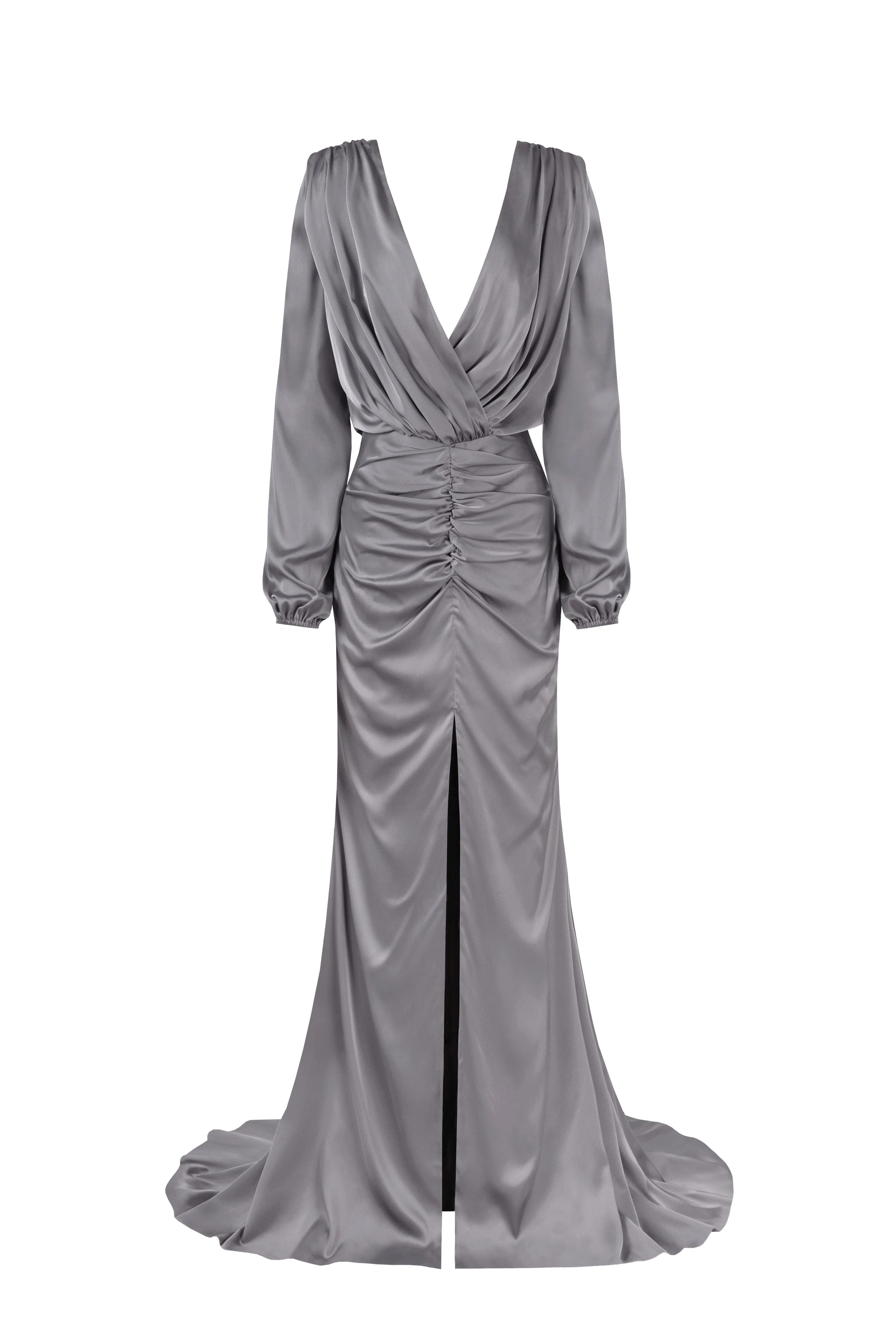 Fancy silver silk maxi evening dress