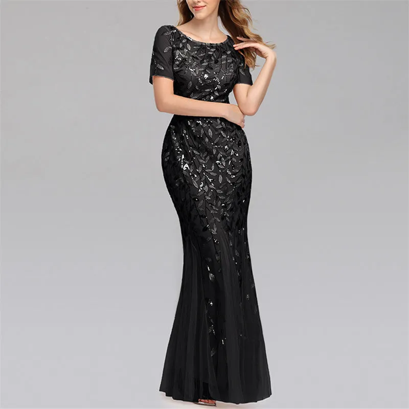 Floral sequins mesh patchwork bodycon fishtail maxi dress | Premium evening gowns party prom dress