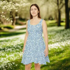 Floral Skater Dress - Light Blue Cottagecore Romantic Women's Medium Dress