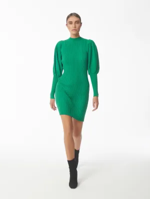 Funnel Neck Puff Sleeve Jumper Dress in Green Haze