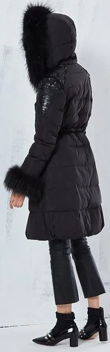 Fur-Trimmed Sequined Puffer Coat - Black or Green