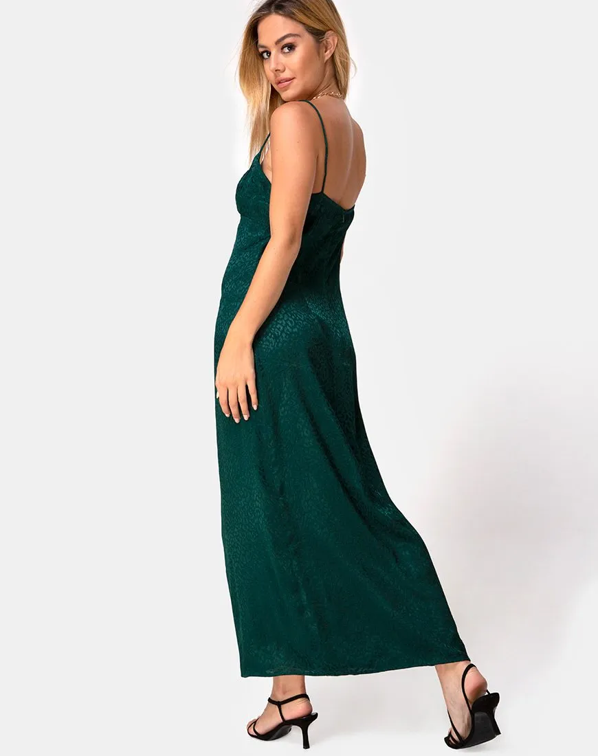 Gaela Slip Dress in Satin Cheetah Forest Green