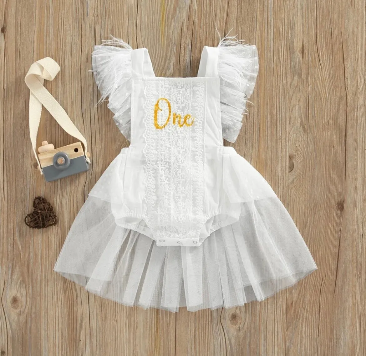 Girls First Birthday Lace “One” Romper - White