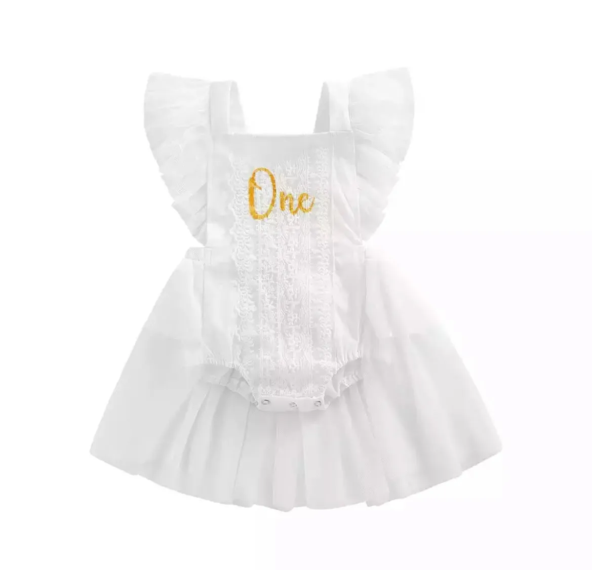 Girls First Birthday Lace “One” Romper - White