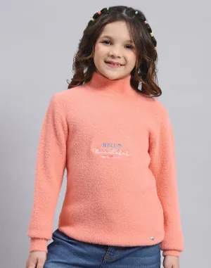 Girls Peach Solid T Neck Full Sleeve Sweater