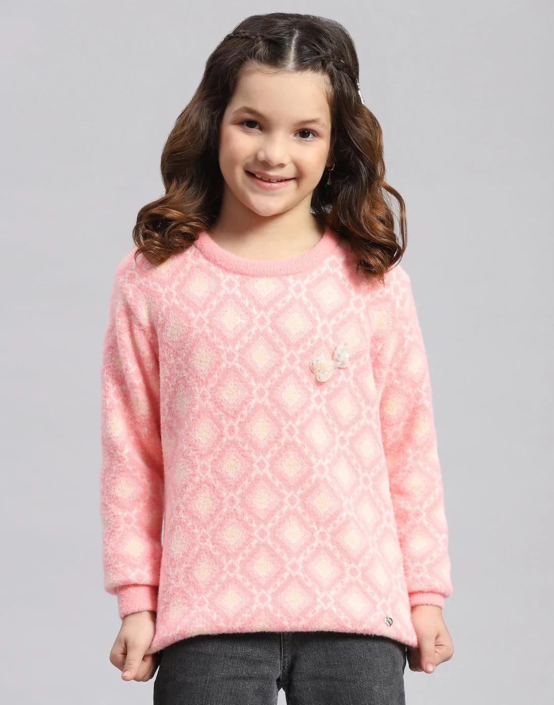 Girls Pink Self Design Round Neck Full Sleeve Sweater