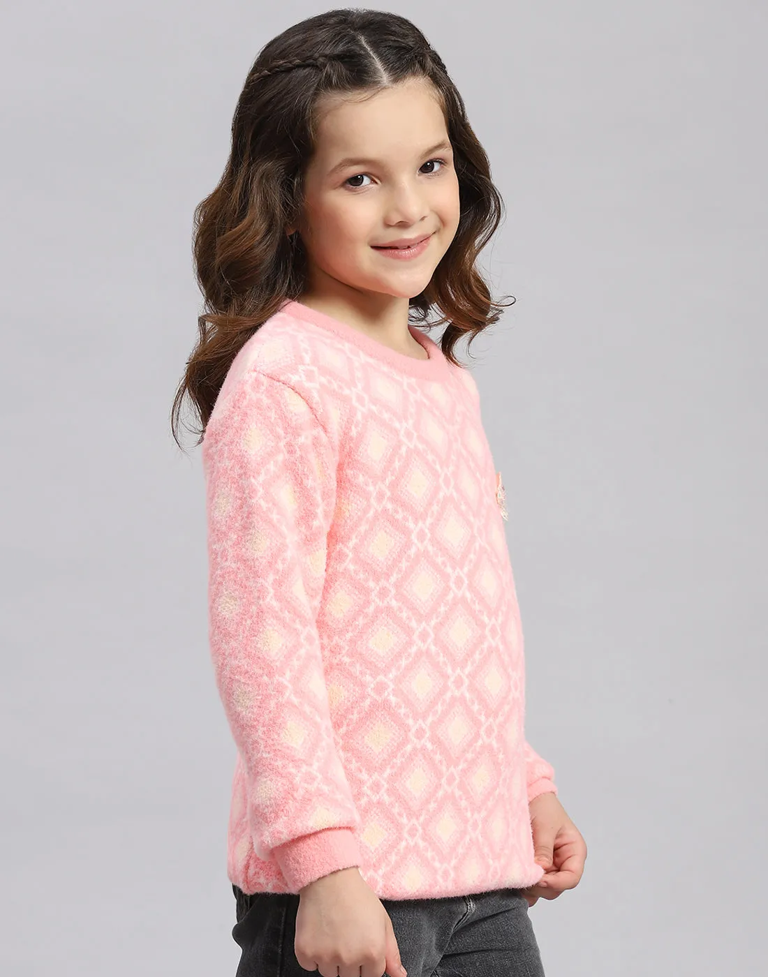 Girls Pink Self Design Round Neck Full Sleeve Sweater