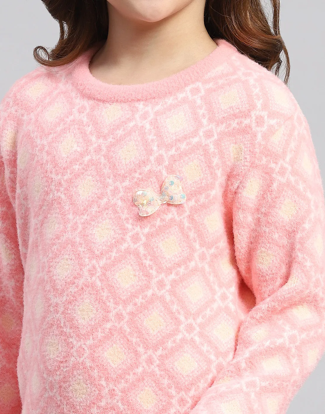 Girls Pink Self Design Round Neck Full Sleeve Sweater