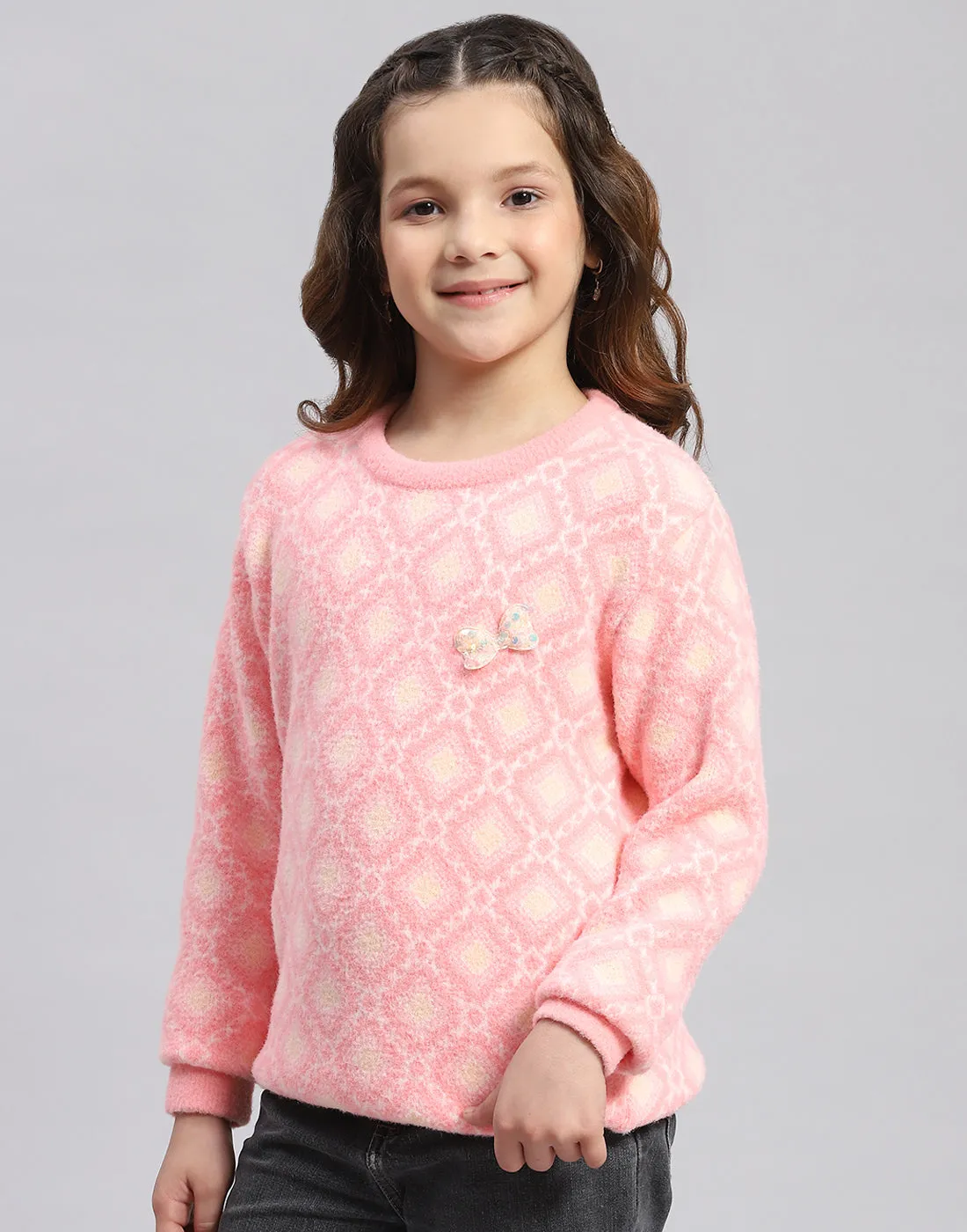 Girls Pink Self Design Round Neck Full Sleeve Sweater