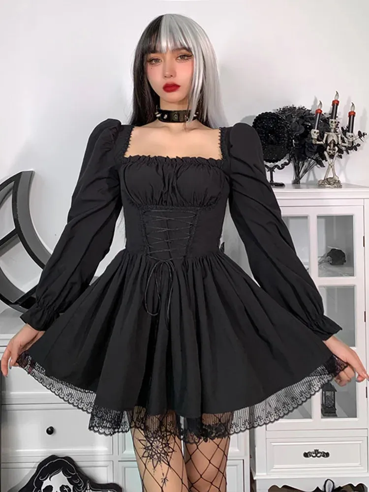 Gothic Spaghetti Strap Lace Satin Slip Vintage Square Collar Mini Dress