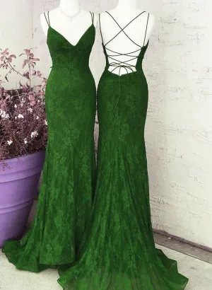 Green Lace Mermaid Straps Long Party Dress, Green Lace Wedding Party Dress     fg4280