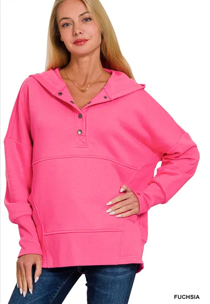 Half Button Hooded Pullover with Kangaroo Pocket (11 Options)