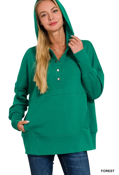 Half Button Hooded Pullover with Kangaroo Pocket (11 Options)