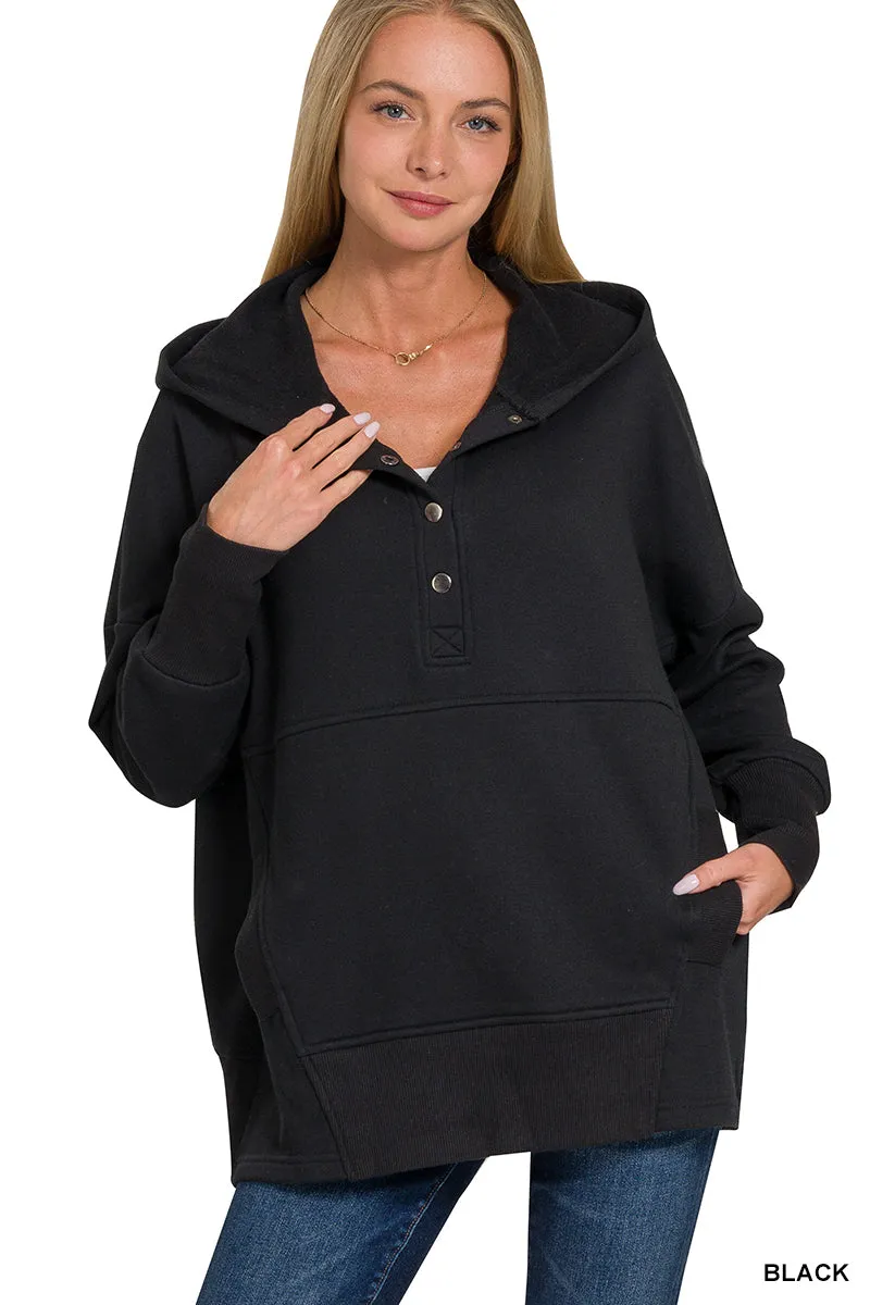 Half Button Hooded Pullover with Kangaroo Pocket (11 Options)