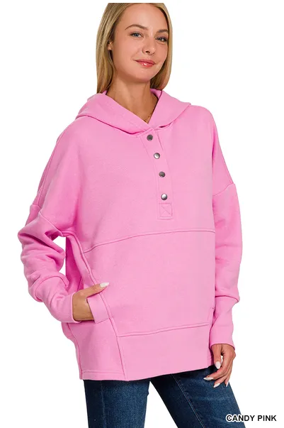 Half Button Hooded Pullover with Kangaroo Pocket (11 Options)