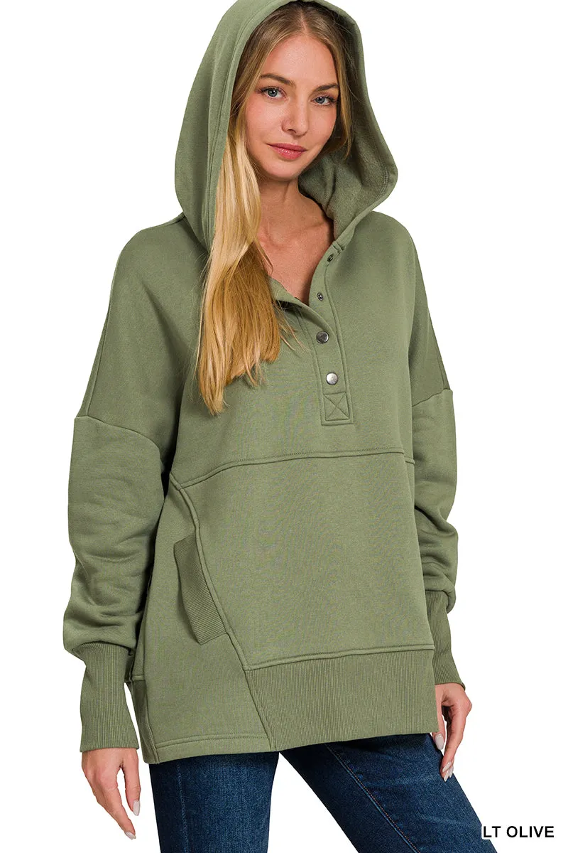 Half Button Hooded Pullover with Kangaroo Pocket (11 Options)