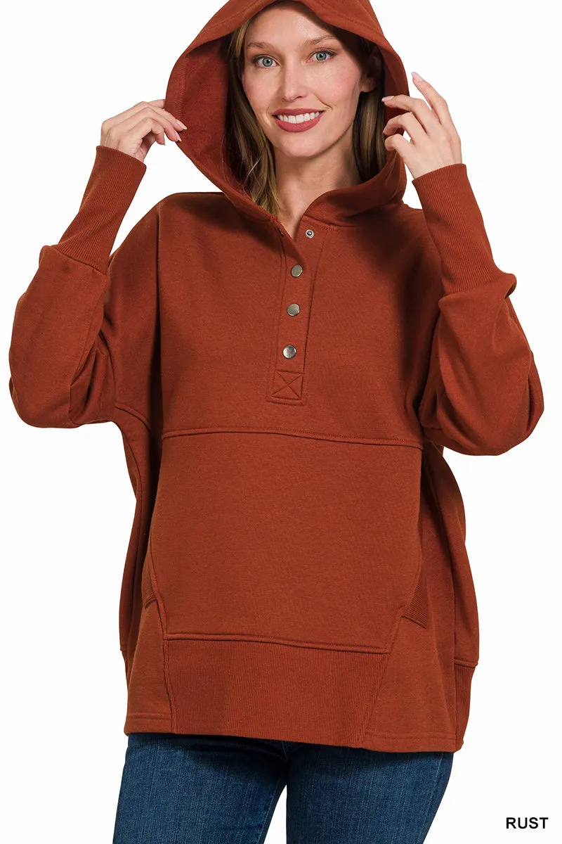 Half Button Hooded Pullover with Kangaroo Pocket (11 Options)