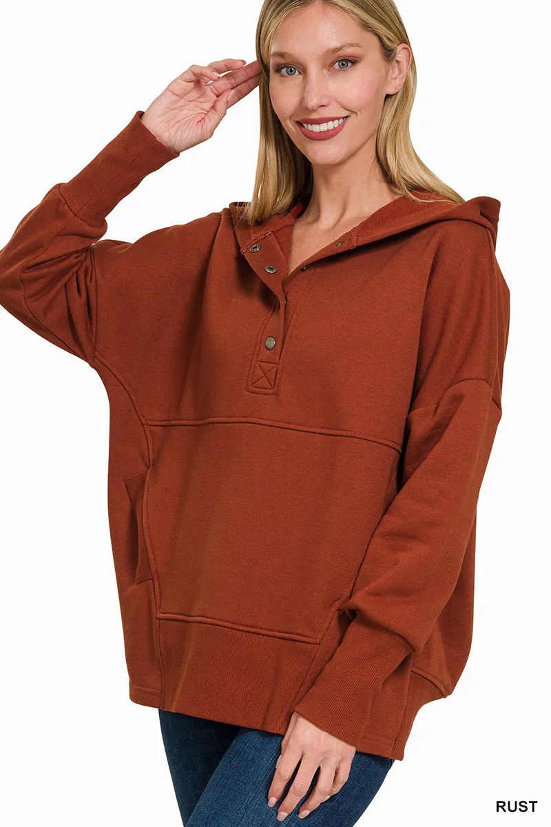 Half Button Hooded Pullover with Kangaroo Pocket (11 Options)