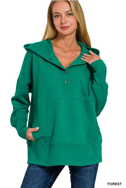 Half Button Hooded Pullover with Kangaroo Pocket (11 Options)