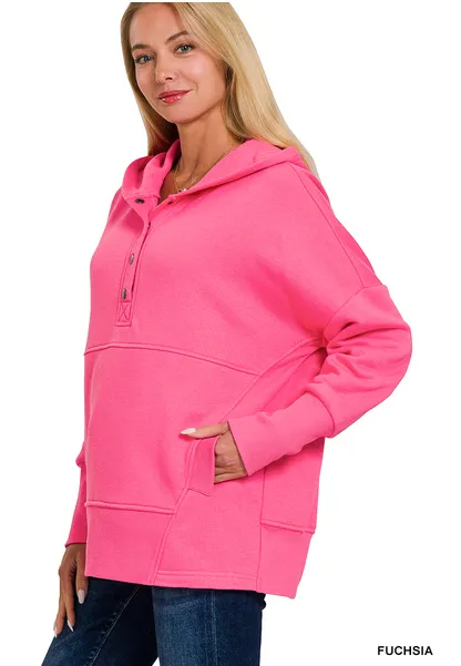 Half Button Hooded Pullover with Kangaroo Pocket (11 Options)