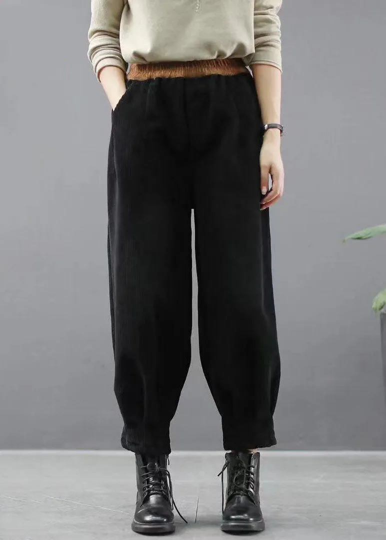 Handmade Black Casual Pockets Thick Harem Fall Pants