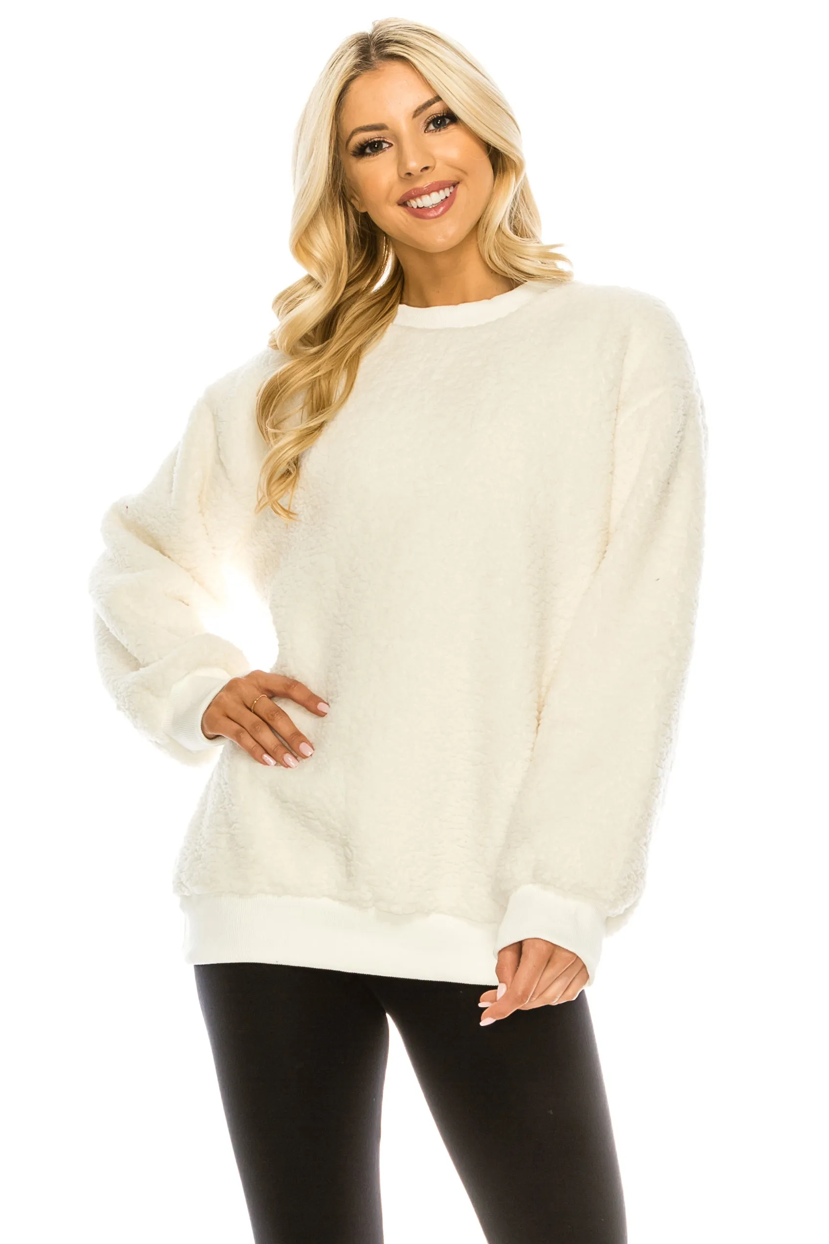 Haute Edition Pullover Crewneck Sherpa Fleece Sweatshirt