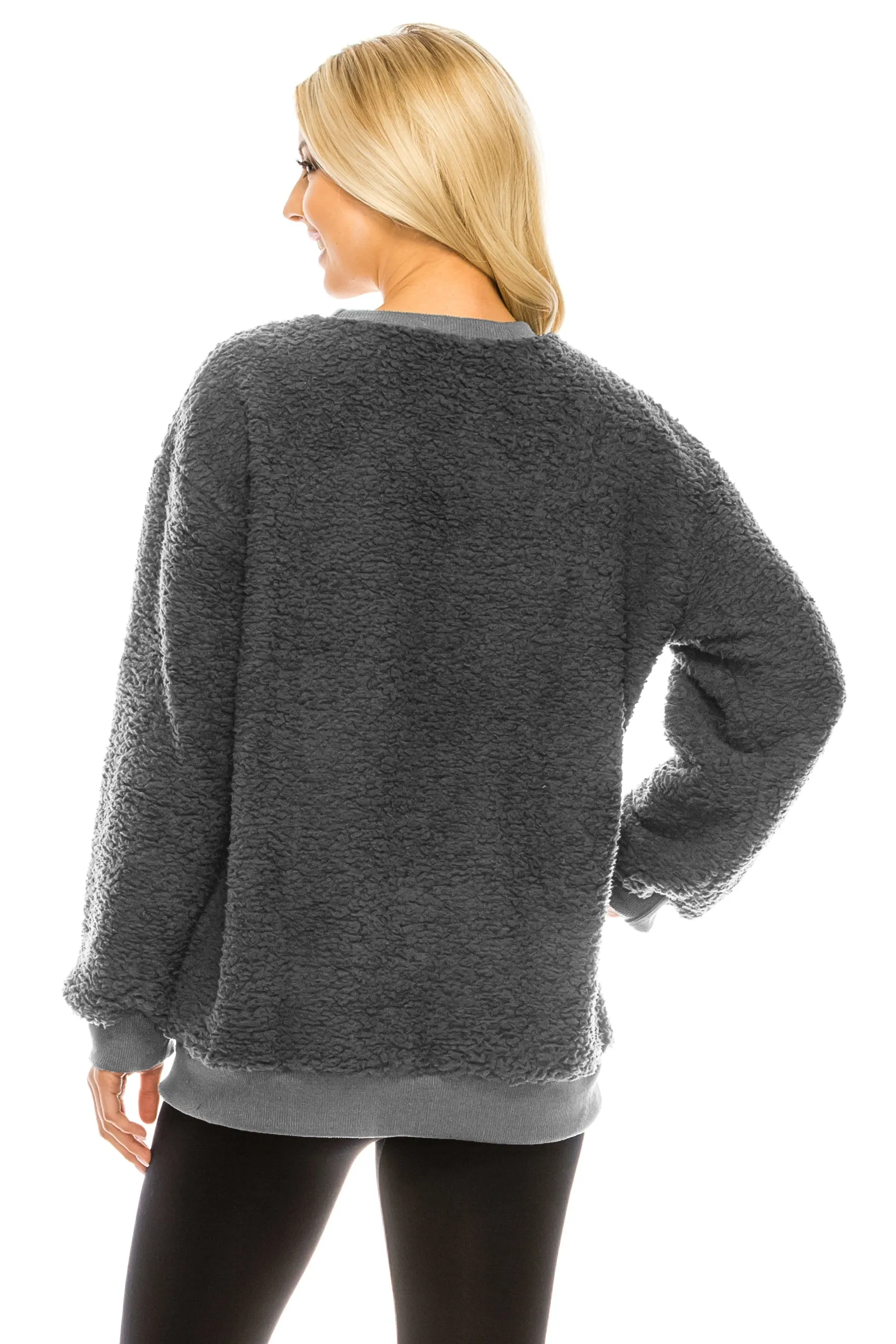 Haute Edition Pullover Crewneck Sherpa Fleece Sweatshirt