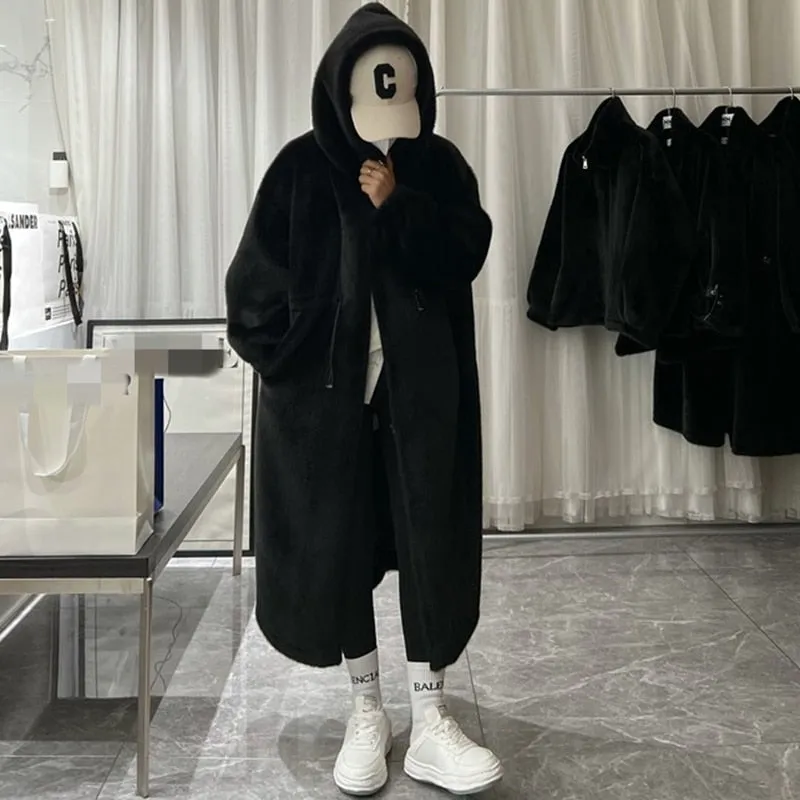 High-Fashion Oversized Velvet Faux Fur Hoodie Coat