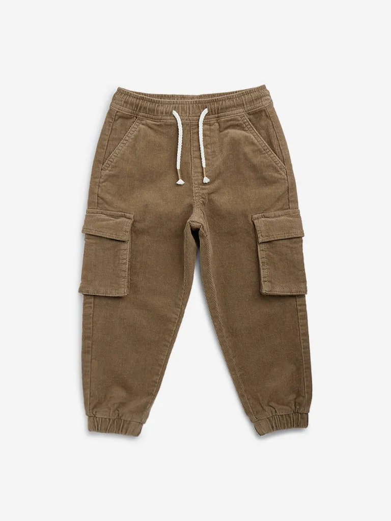 HOP Kids Light Brown Cargo-Style Corduroy Mid-Rise Cotton Blend Joggers