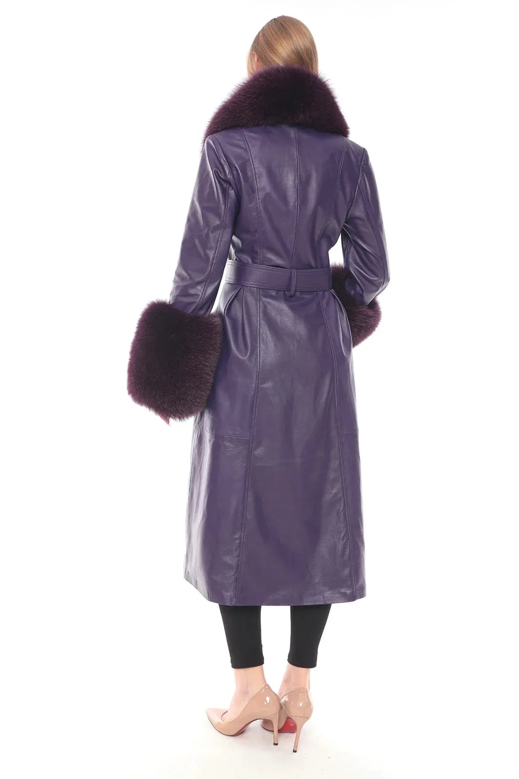 Kolleen Boutique Mauve Lamb Leather Coat with Detachable Fox Fur Accents