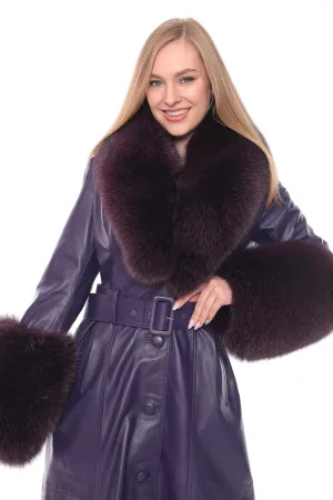 Kolleen Boutique Mauve Lamb Leather Coat with Detachable Fox Fur Accents