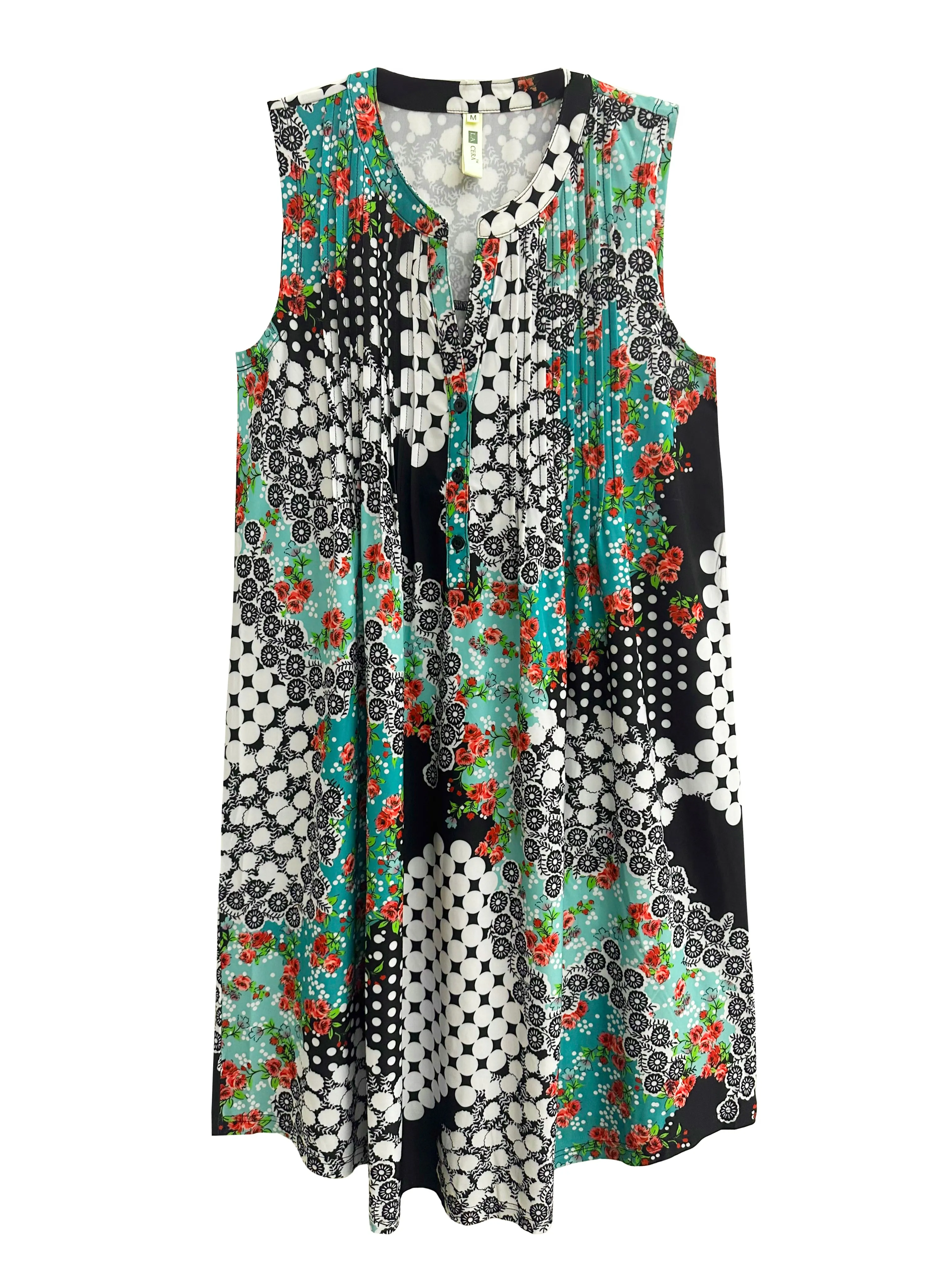 La Cera Poly Spandex Mint Mosaic Sleeveless Dress