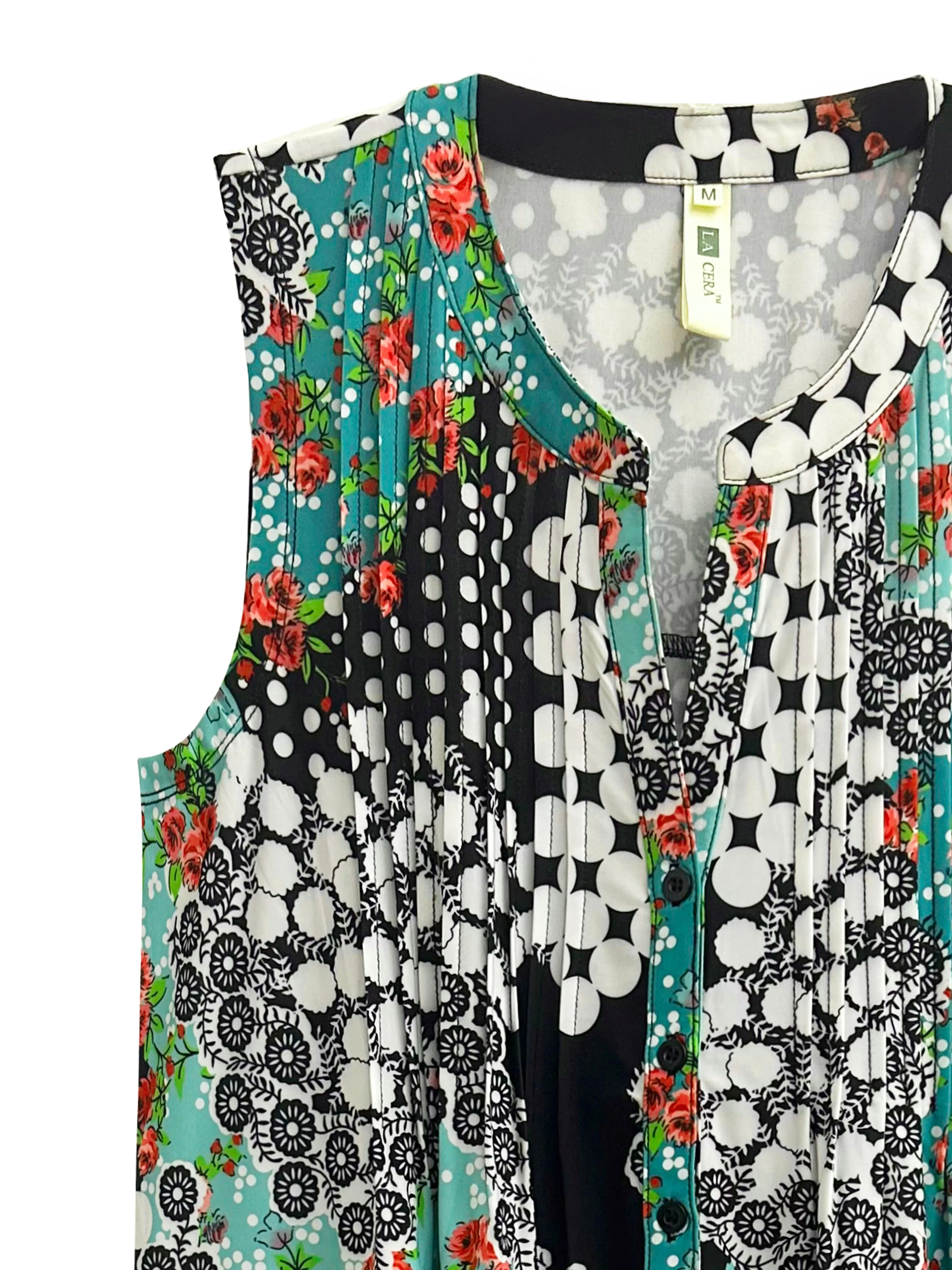 La Cera Poly Spandex Mint Mosaic Sleeveless Dress