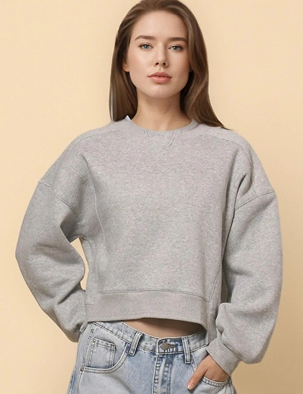 Ladies Solid Color Velvet Cropped Pullover Sweatshirt SKT523