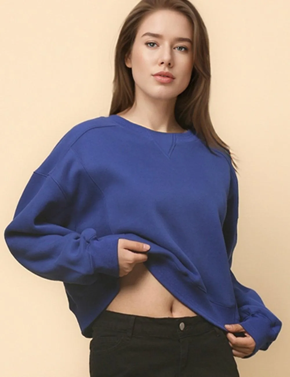 Ladies Solid Color Velvet Cropped Pullover Sweatshirt SKT523