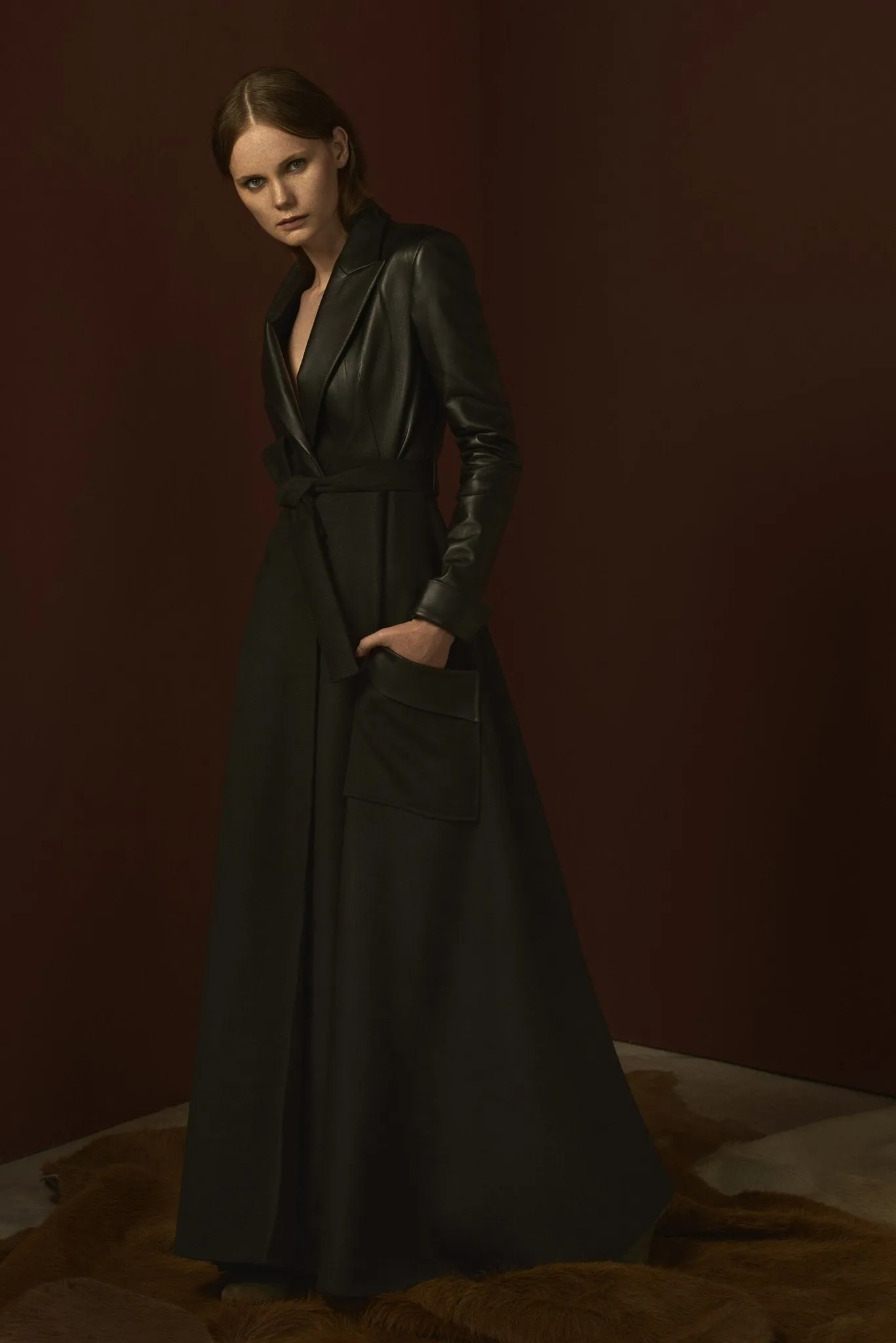 Leather and Wool-Blend Maxi Coat