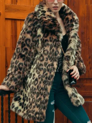 Leopard Print Faux Fur Coat Women 2022 Winter Long Sleeve Turn-down