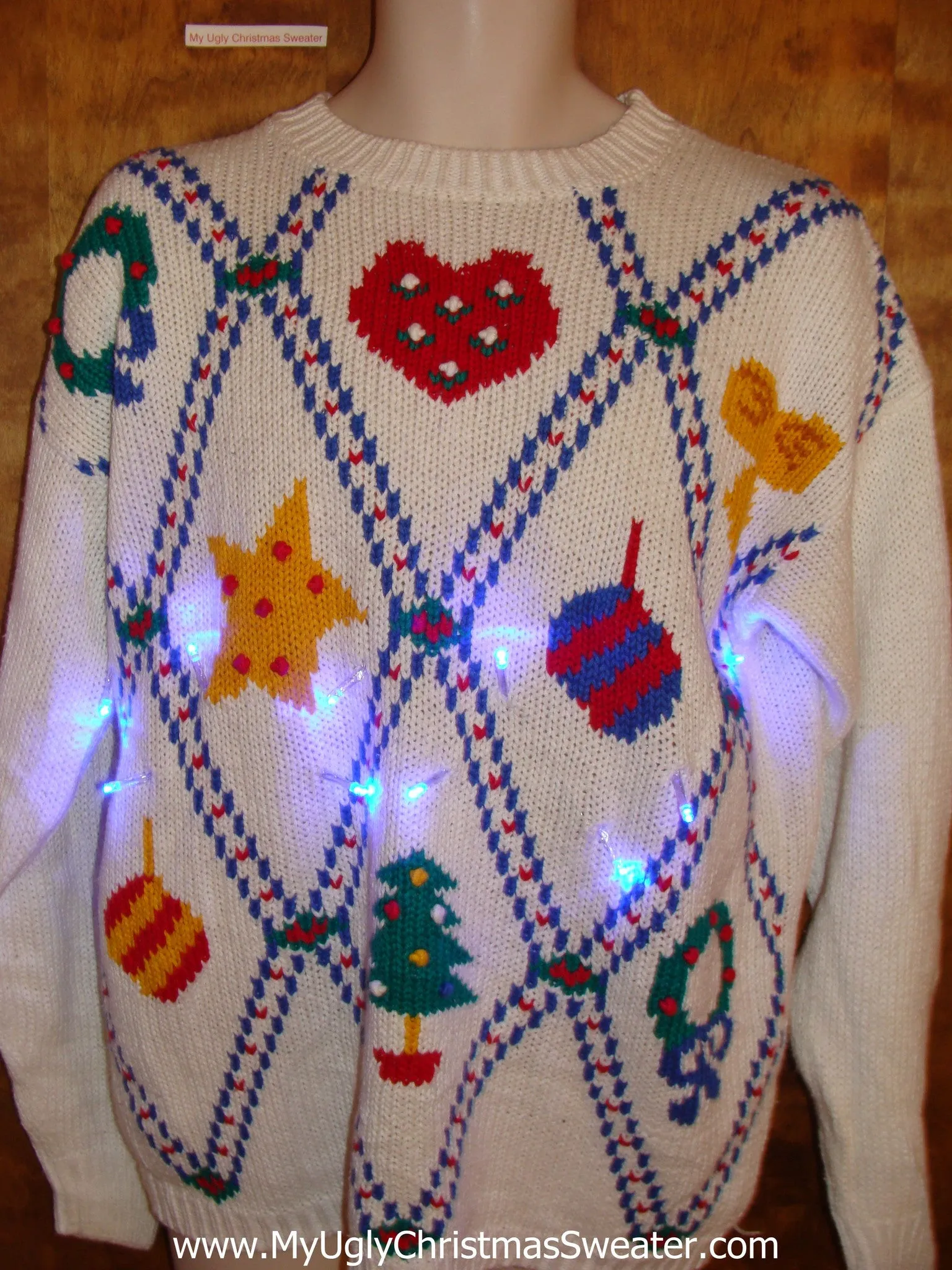 Light Up Ugly Xmas Sweater with Diagonal Grid of Festive Fun