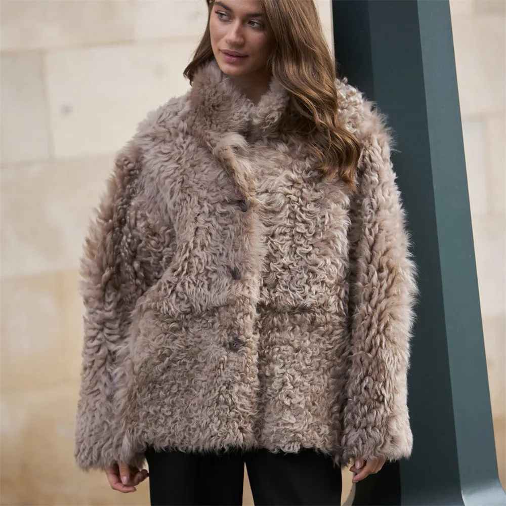 Loose buttoned artificial fur coat