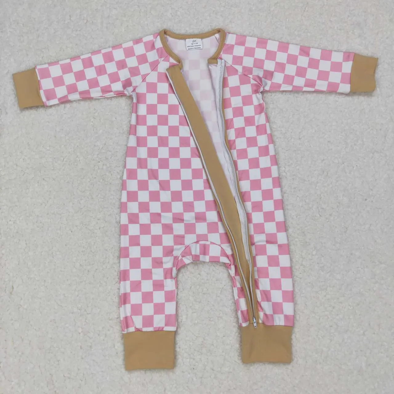 LR0731  baby girl pink plaid print zipper onesie