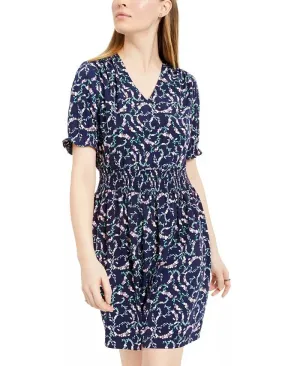 Maison Jules Women's Floral Print Smocked Waist Dress Navy Size Small