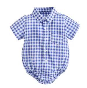 Marcus - Baby Boys Plaid Cotton Shirt Romper in Blue & White Checks