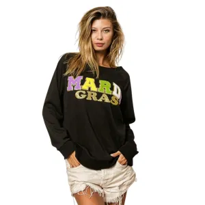 Mardi Gras Letter Patches And Glitter Print Black Pullover (Each)