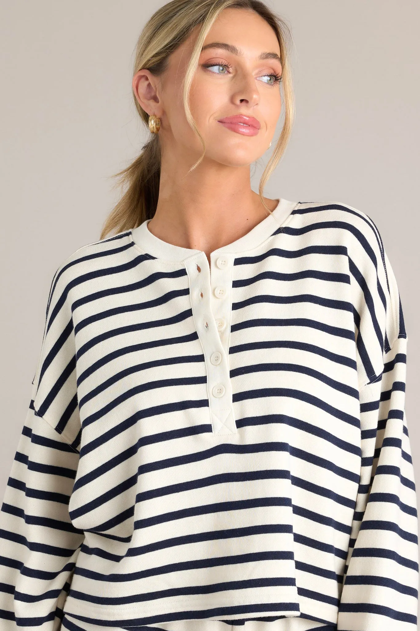 Maritime Muse Navy Stripe Button Front Pullover