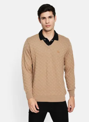 Men Beige Self Design Pullover