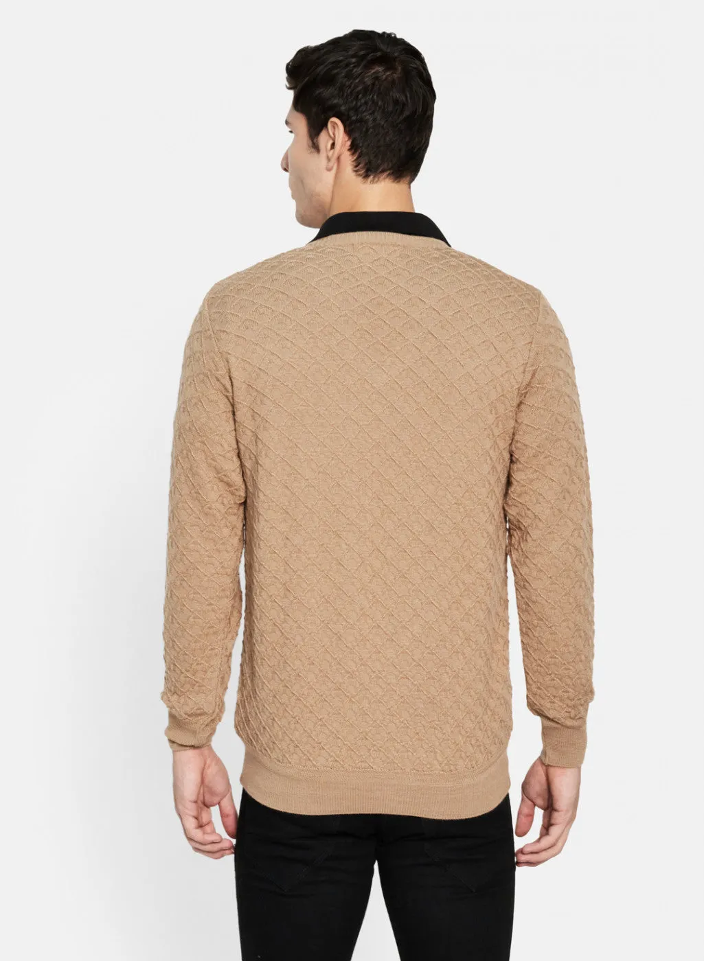 Men Beige Self Design Pullover